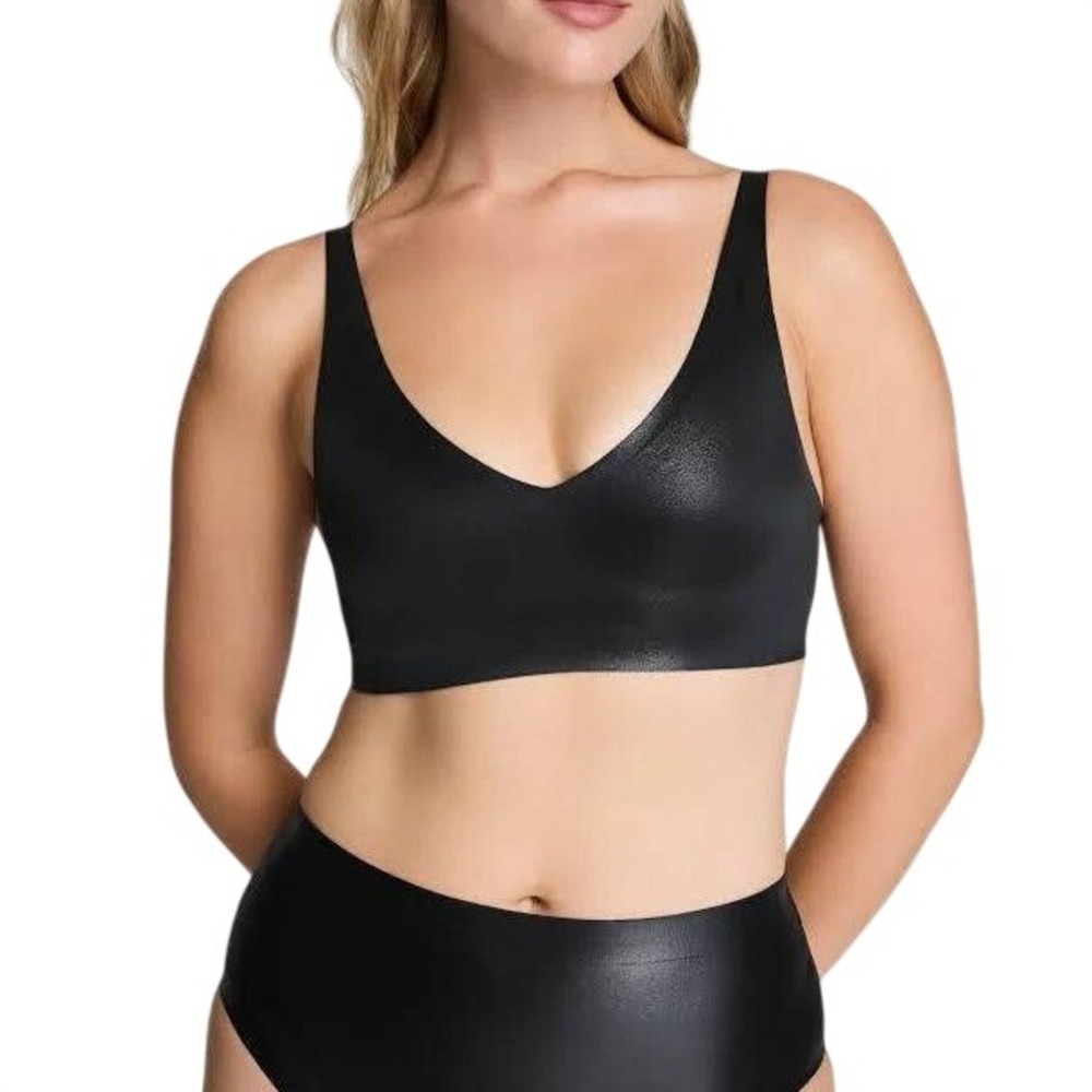 SPANX LuxeShine Bralette Womens Medium Black Shimmer Excellent Wireless V-Neck